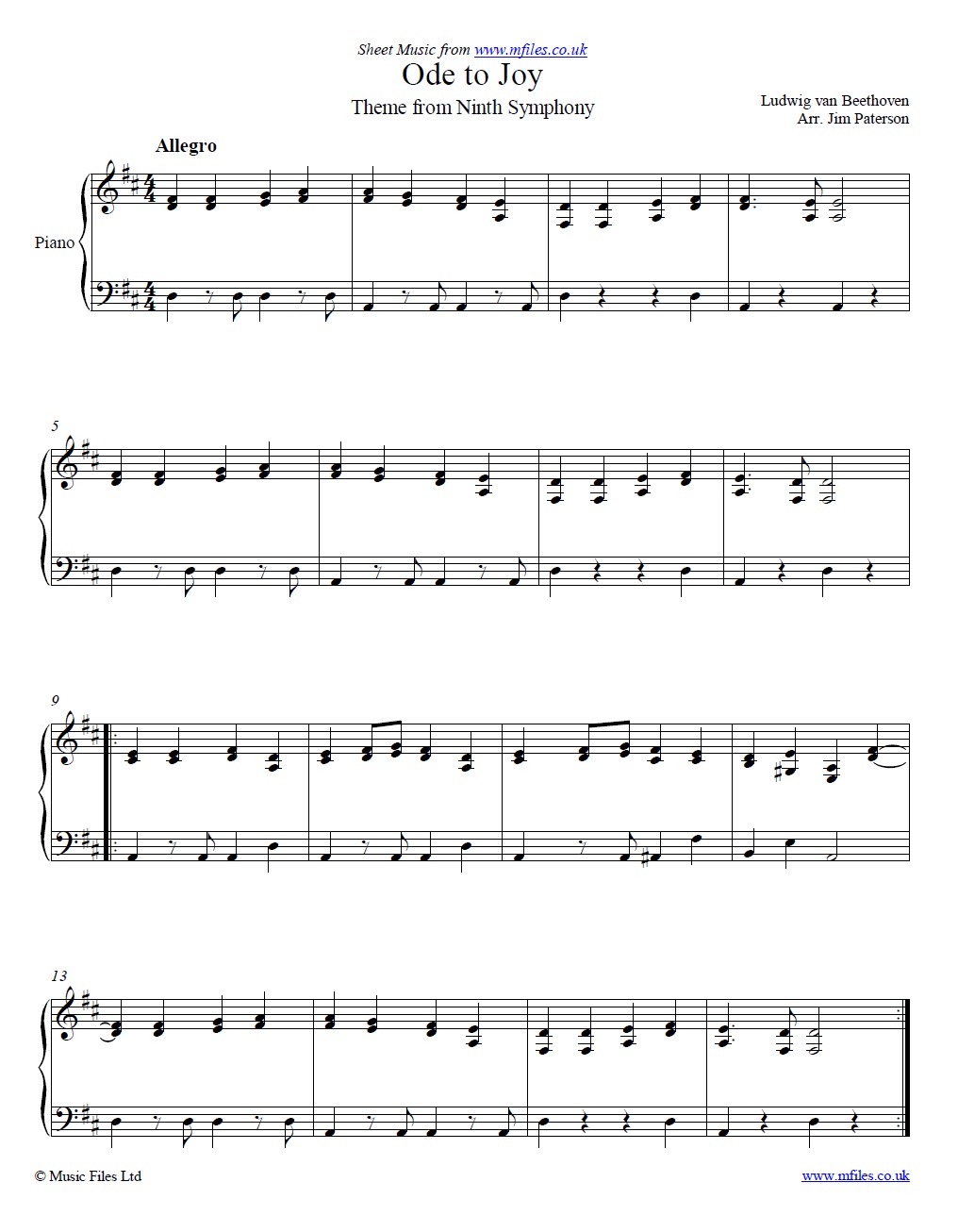 Beethoven's Ode to Joy for piano - click to download sheet music Beethoven's Ode to Joy for piano - sheet music 1st page