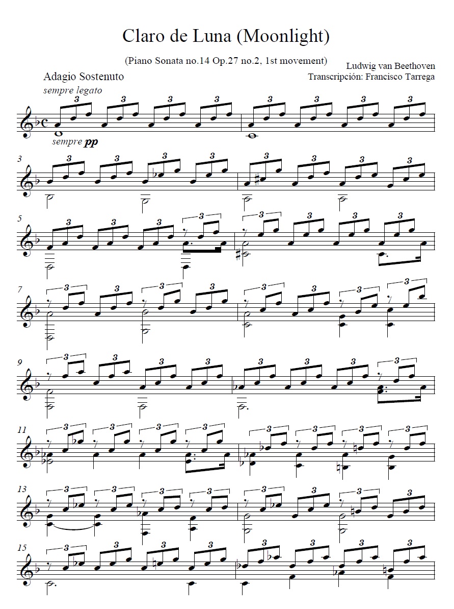 Beethoven's Moonlight Sonata (arranged for Guitar by Tárrega) - click to download sheet music Beethoven's Moonlight Sonata (arranged for Guitar by Tárrega) - sheet music 1st page
