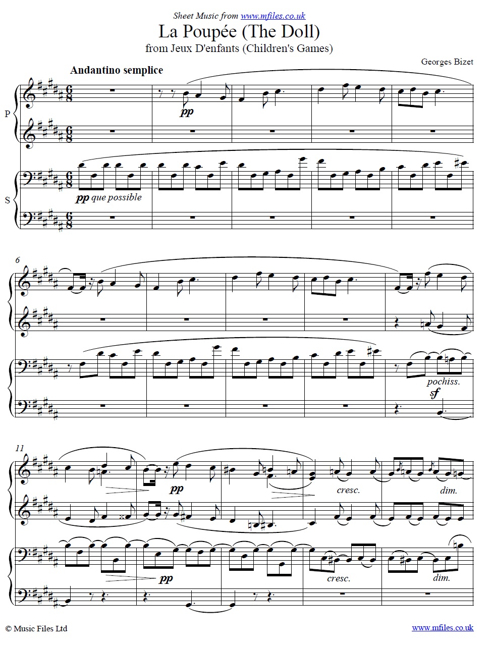 Bizet's La Poupée (The Doll) from Jeux d'Enfants (Piano Duet) - click to download sheet music Bizet's La Poupée (The Doll) from Jeux d'Enfants (Piano Duet) - sheet music 1st page