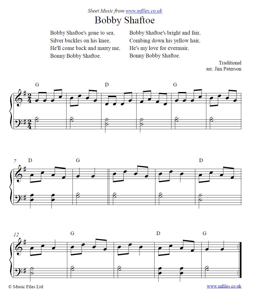 Bobby Shaftoe for piano - click to download sheet music Bobby Shaftoe for piano - sheet music 1st page