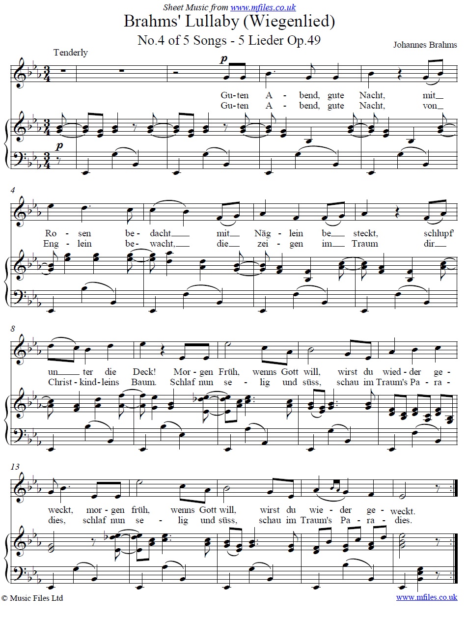 Brahms' Lullaby (Wiegenlied) for voice and piano - click to download sheet music Brahms' Lullaby (Wiegenlied) for voice and piano - sheet music 1st page