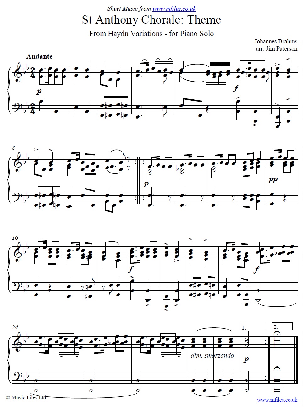 Brahms' St. Anthony Chorale Variations (Theme) for Piano Solo - click to download sheet music Brahms' St. Anthony Chorale Variations (Theme) for Piano Solo - sheet music 1st page