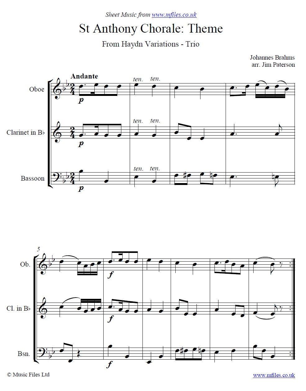 Brahms' St. Anthony Chorale Variations (Theme) arranged for Trio - click to download sheet music Brahms' St. Anthony Chorale Variations (Theme) arranged for Trio - sheet music 1st page