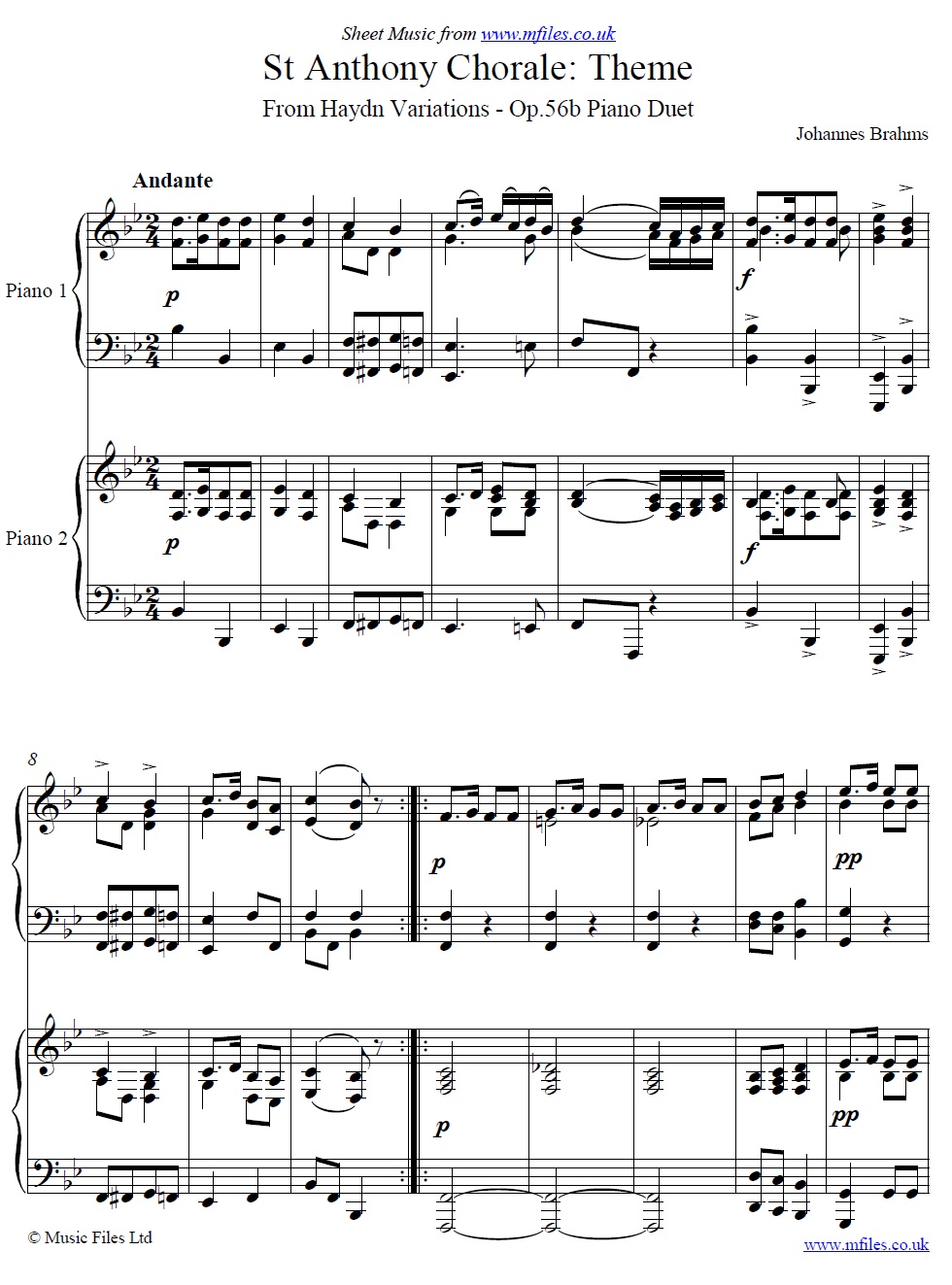 Brahms' St. Anthony Chorale Variations (Theme) for Two Pianos - click to download sheet music Brahms' St. Anthony Chorale Variations (Theme) for Two Pianos - sheet music 1st page