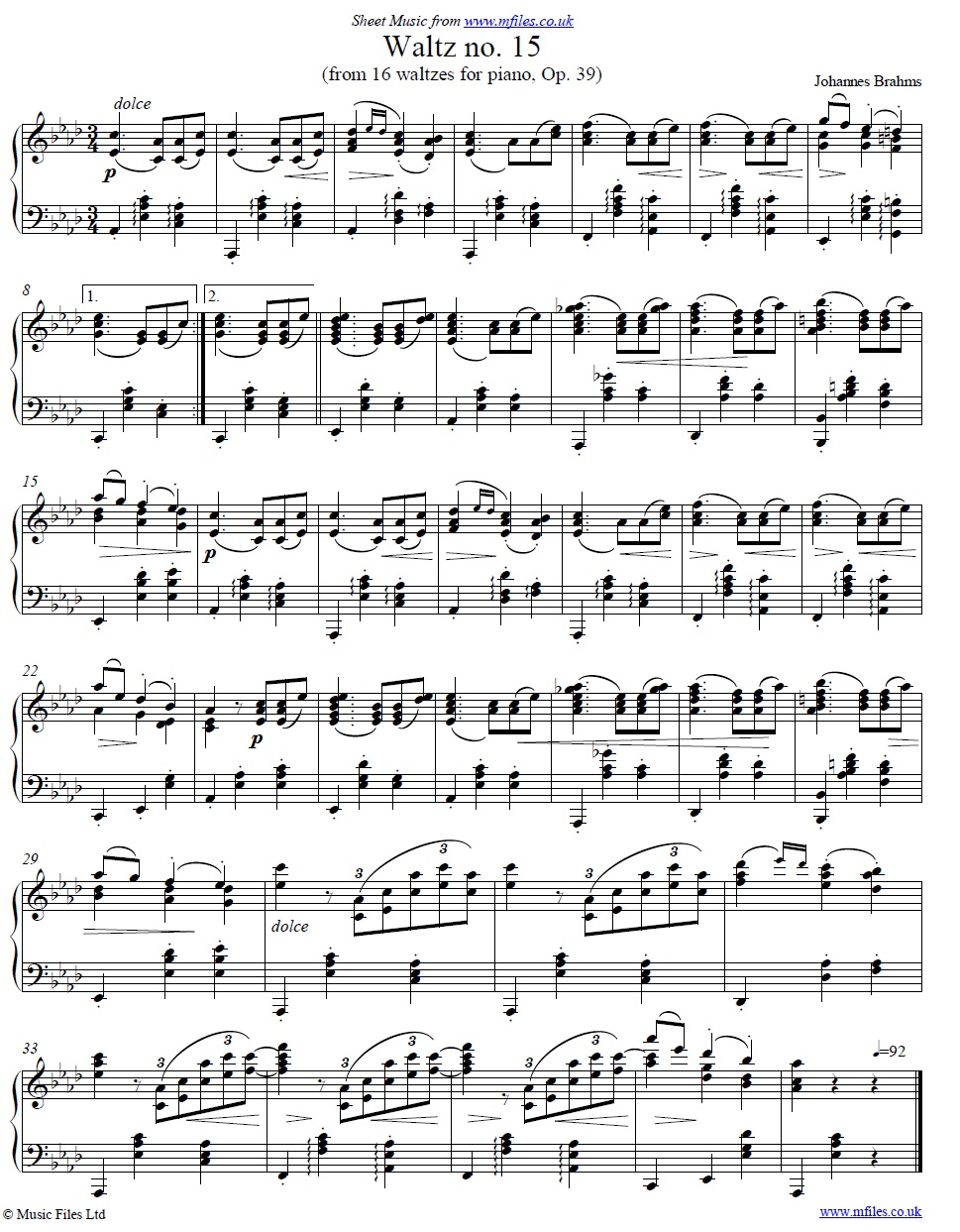 Brahms' Waltz no.15 for piano - click to download sheet music Brahms' Waltz no.15 for piano - sheet music 1st page