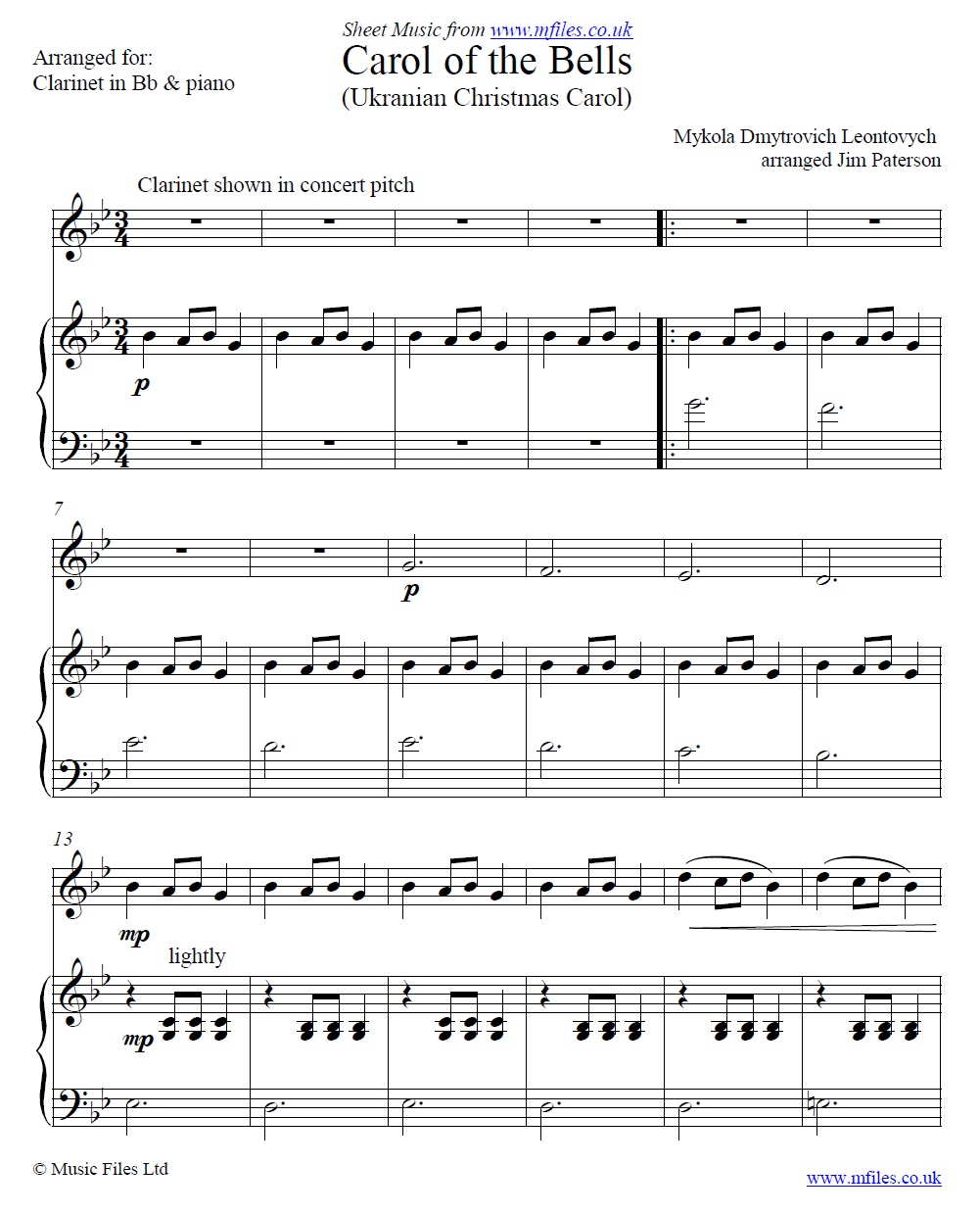 Carol of the Bells for clarinet and piano - click to download sheet music Carol of the Bells for clarinet and piano - sheet music 1st page
