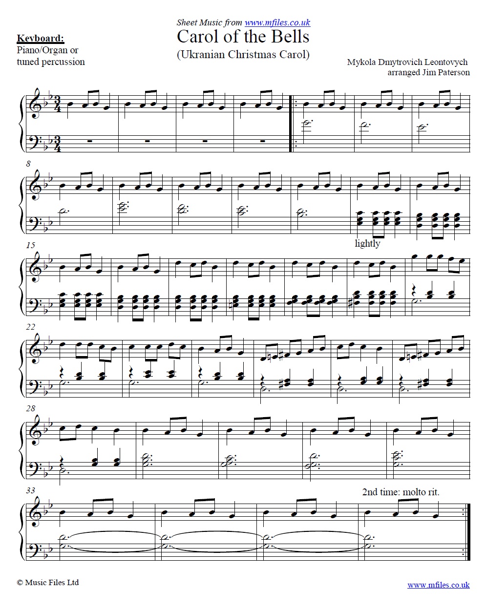 Carol of the Bells for piano - click to download sheet music Carol of the Bells for piano - sheet music 1st page