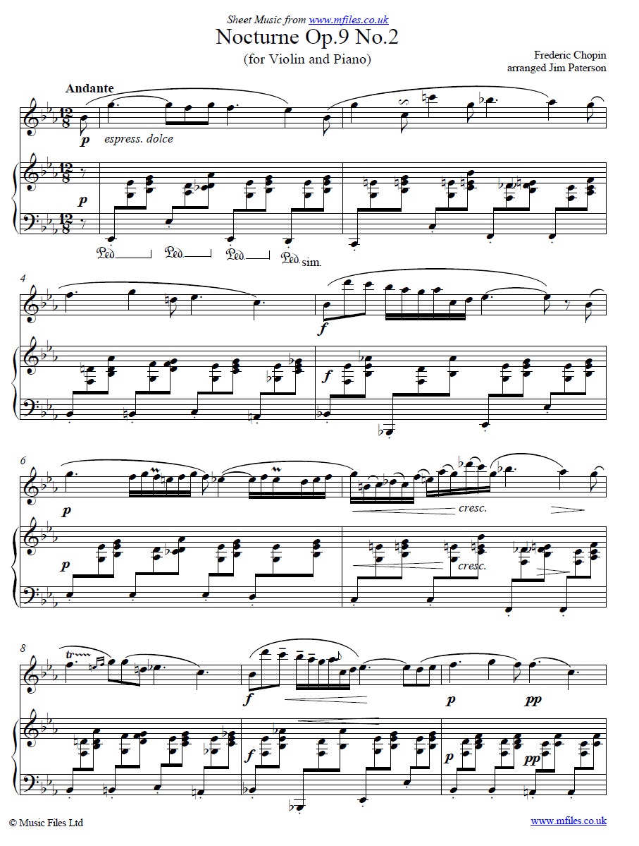 Chopin's Nocturne no.2 for violin and piano - click to download sheet music Chopin's Nocturne no.2 for violin and piano - sheet music 1st page