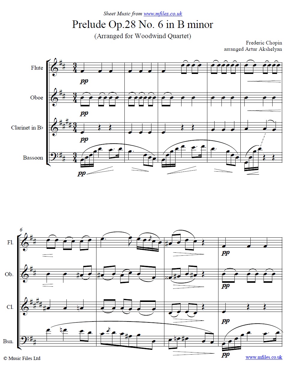 Chopin's Prelude no.6 for woodwind quartet - click to download sheet music Chopin's Prelude no.6 for woodwind quartet - sheet music 1st page