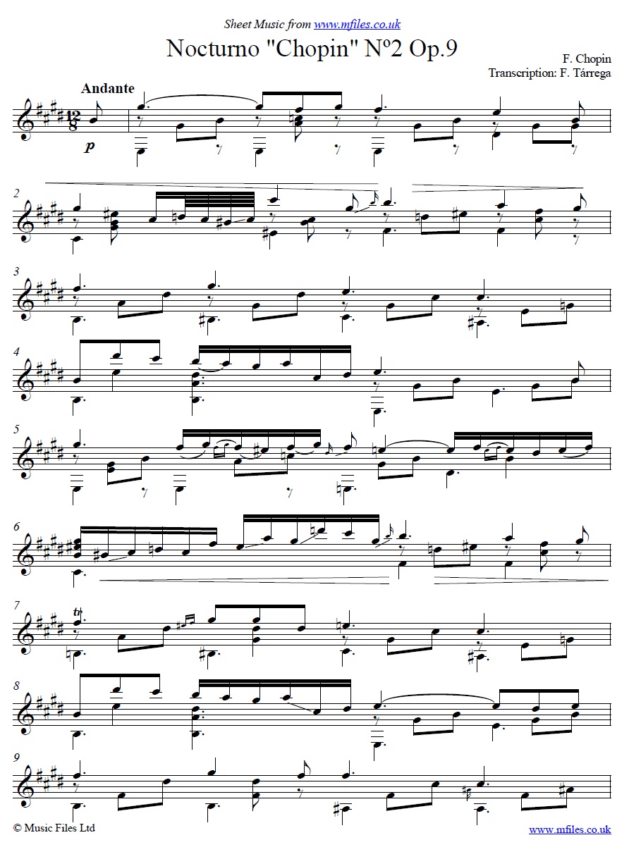 Chopin Nocturne arranged by Tárrega for guitar - click to download sheet music Chopin Nocturne arranged by Tárrega for guitar - sheet music 1st page