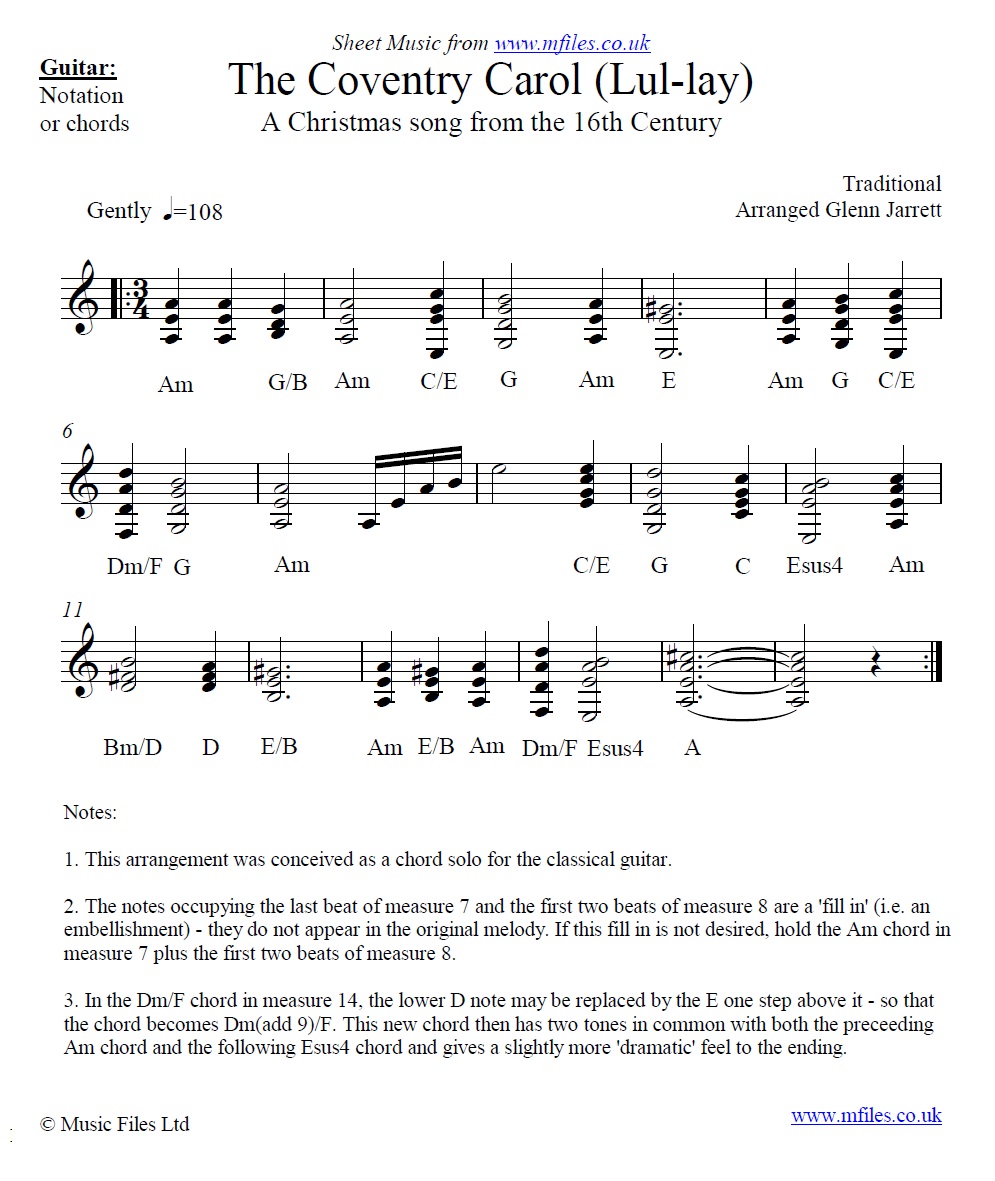 The Coventry Carol (arranged Glenn Jarrett) for guitar - click to download sheet music The Coventry Carol (arranged Glenn Jarrett) for guitar - sheet music 1st page