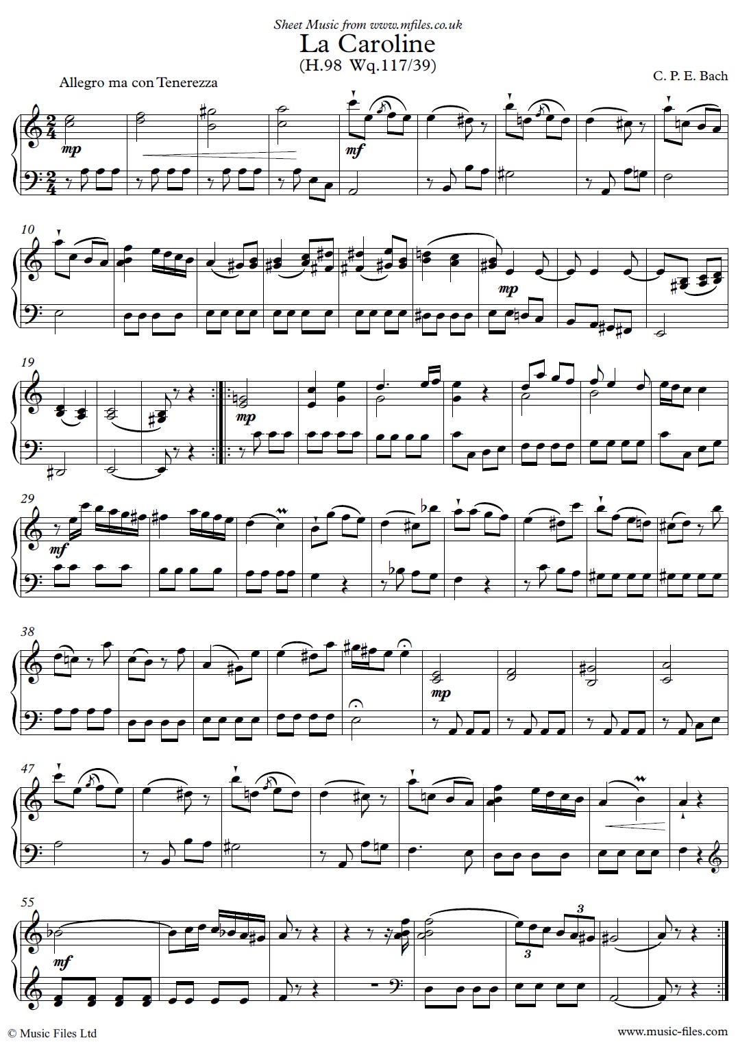 Carl Philipp Emanuel Bach's La Caroline - click to download sheet music Carl Philipp Emanuel Bach's La Caroline - sheet music 1st page