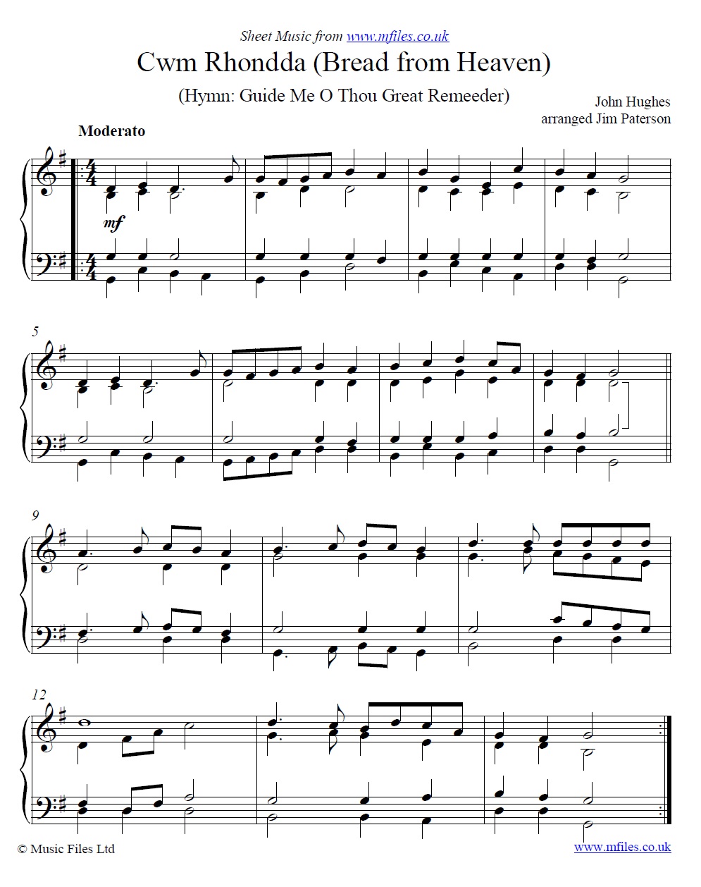Cwm Rhondda for piano - click to download sheet music Cwm Rhondda for piano - sheet music 1st page