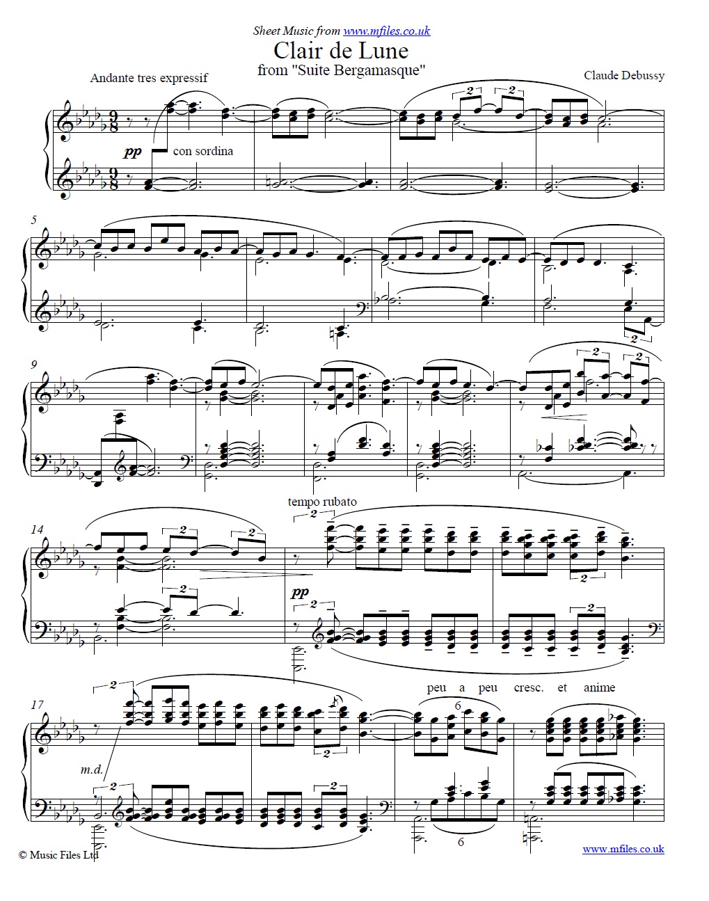 Debussy's Clair de Lune for piano - click to download sheet music Debussy's Clair de Lune for piano - sheet music 1st page