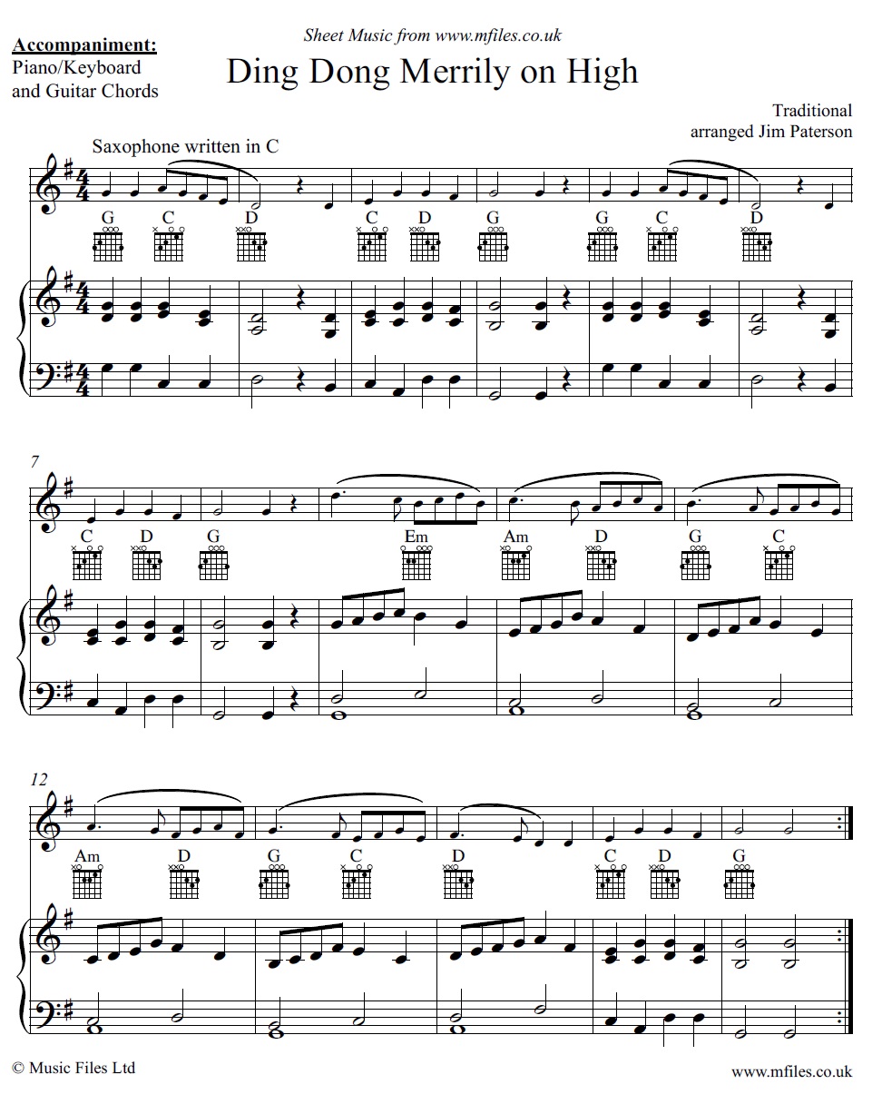Ding Dong Merrily on High for alto sax and piano - click to download sheet music Ding Dong Merrily on High for alto sax and piano - sheet music 1st page