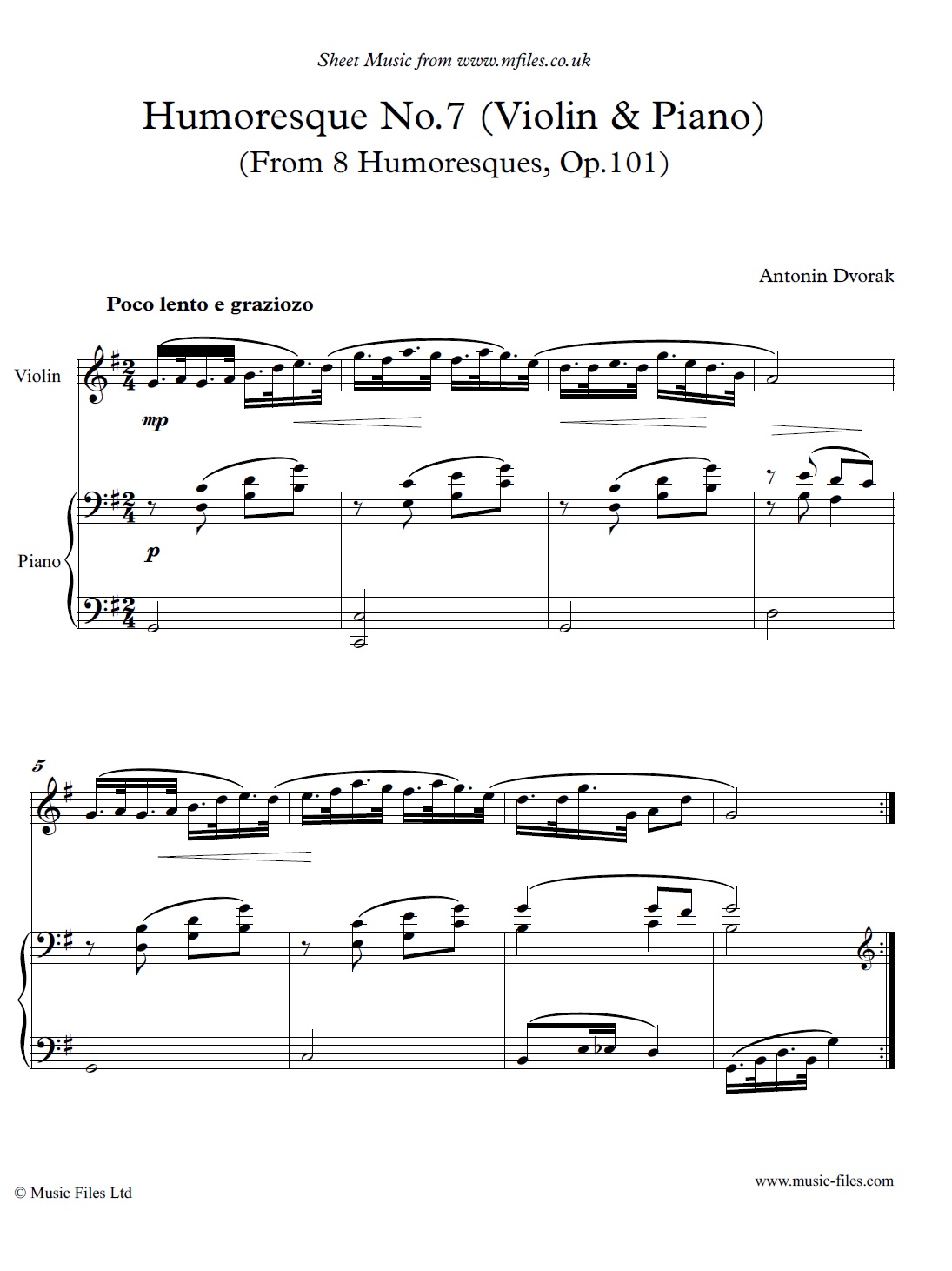 Dvorak's Humoresque No.7 for violin and piano  - click to download sheet music Dvorak's Humoresque No.7 for violin and piano - sheet music 1st page