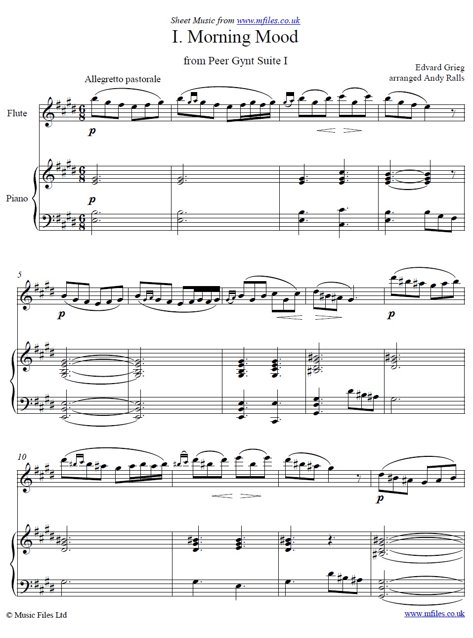 Grieg's Morning Mood from Peer Gynt for flute and piano - click to download sheet music Grieg's Morning Mood from Peer Gynt for flute and piano - sheet music 1st page