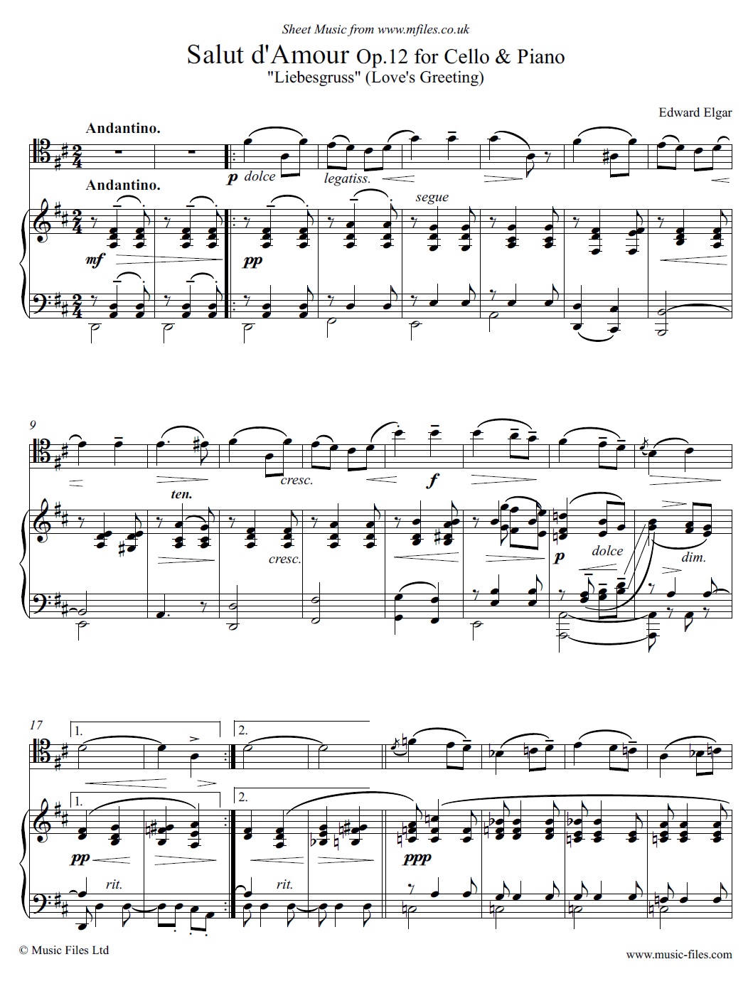 Elgar's Salut d'Amour Op.12 for cello and piano - click to download sheet music Elgar's Salut d'Amour Op.12 for cello and piano - sheet music 1st page