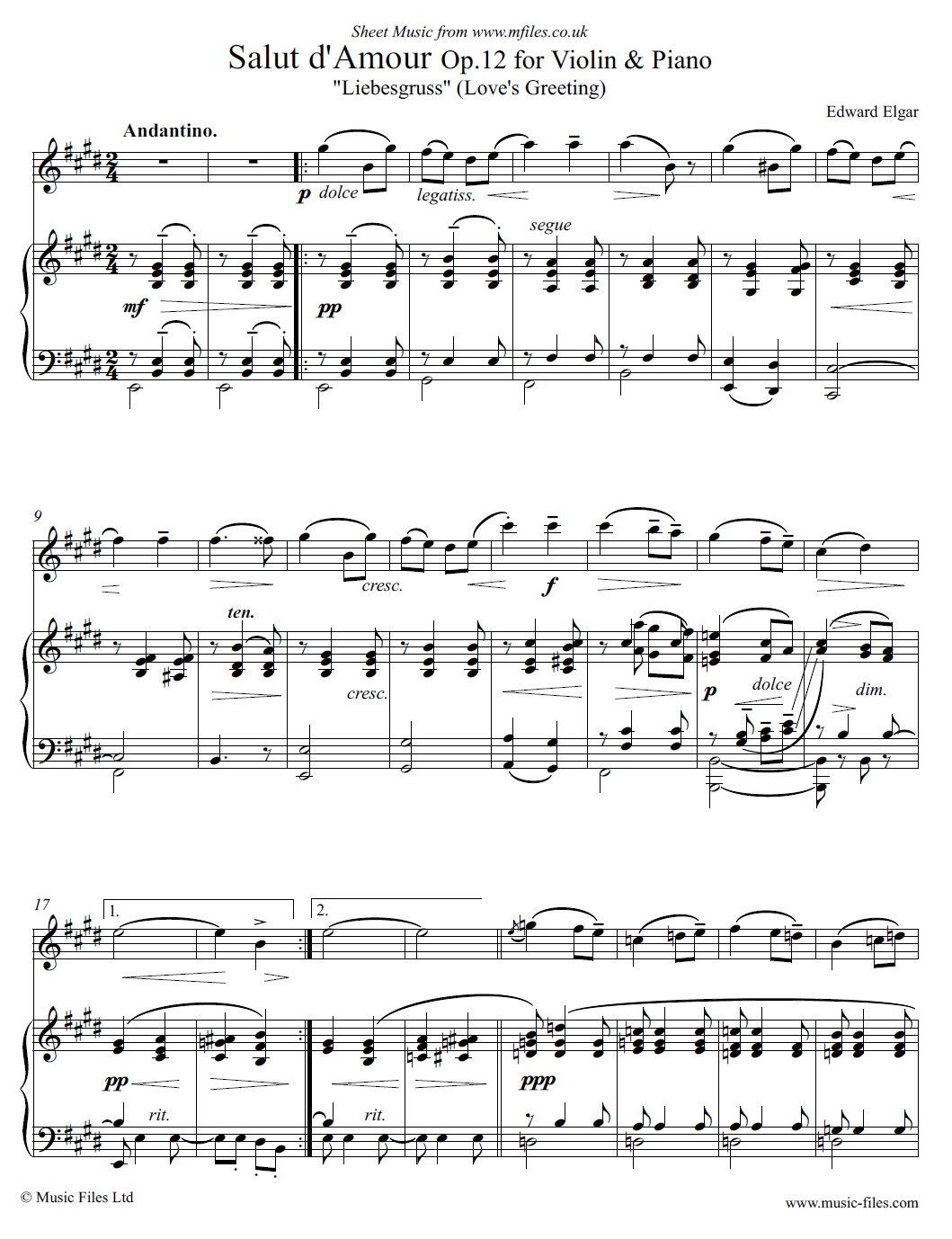 Elgar's Salut d'Amour Op.12 for violin and piano - click to download sheet music Elgar's Salut d'Amour Op.12 for violin and piano - sheet music 1st page