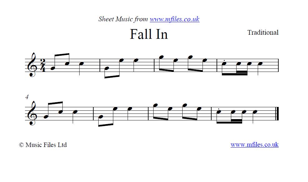 Fall In (bugle call) - click to download sheet music Fall In (bugle call) - sheet music 1st page