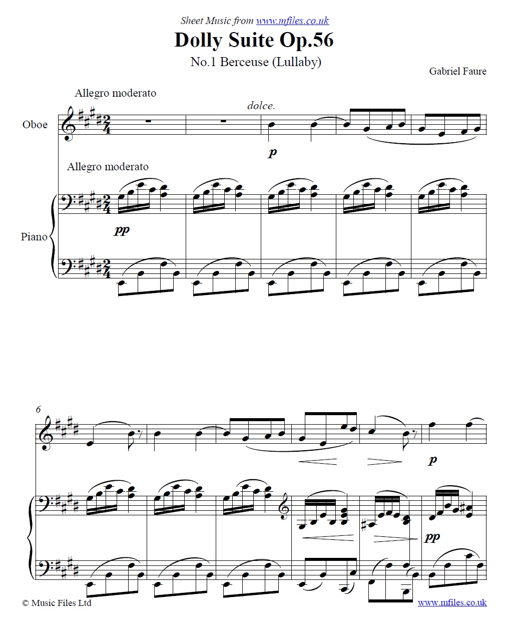 Fauré's Dolly: Berceuse (arranged for oboe or other instrument and piano) - click to download sheet music Fauré's Dolly: Berceuse (arranged for oboe or other instrument and piano) - sheet music 1st page