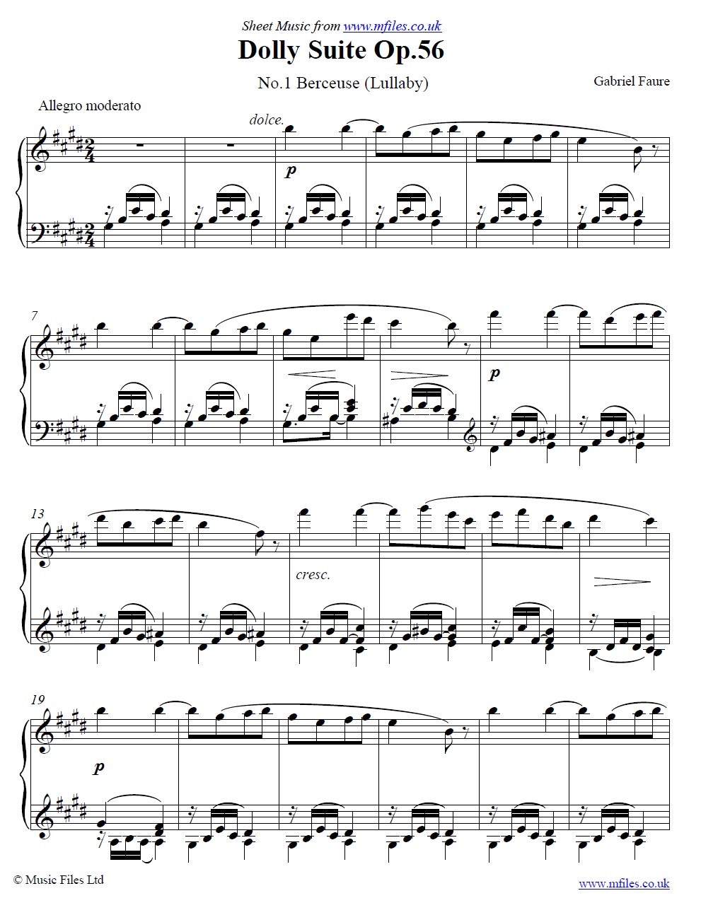 Fauré's Berceuse (Lullaby) from the Dolly Suite (for Piano Solo) - click to download sheet music Fauré's Berceuse (Lullaby) from the Dolly Suite (for Piano Solo) - sheet music 1st page