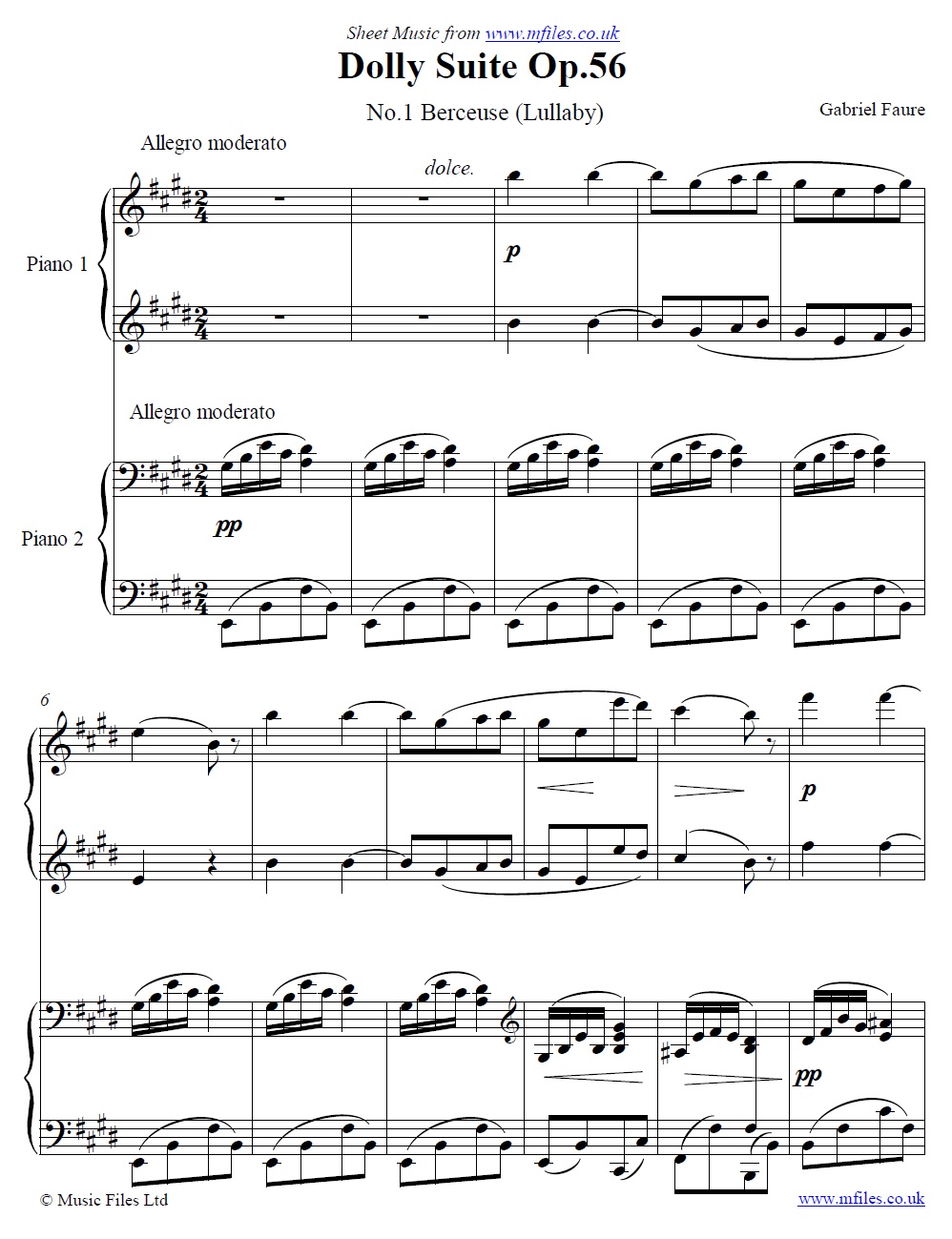 Fauré's Berceuse (Lullaby) from the Dolly Suite (Piano Duet) - click to download sheet music Fauré's Berceuse (Lullaby) from the Dolly Suite (Piano Duet) - sheet music 1st page