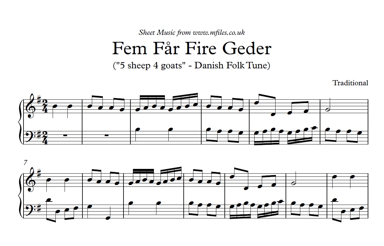 Fem Far Fire Geder - Piano Canon arrangement - click to download sheet music Fem Far Fire Geder - Piano Canon arrangement - sheet music 1st page