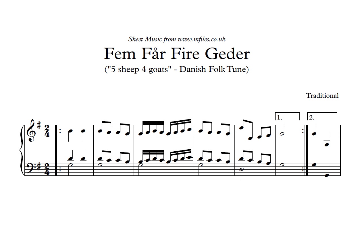 Fem Far Fire Geder - Piano Harmony arrangement - click to download sheet music Fem Far Fire Geder - Piano Harmony arrangement - sheet music 1st page