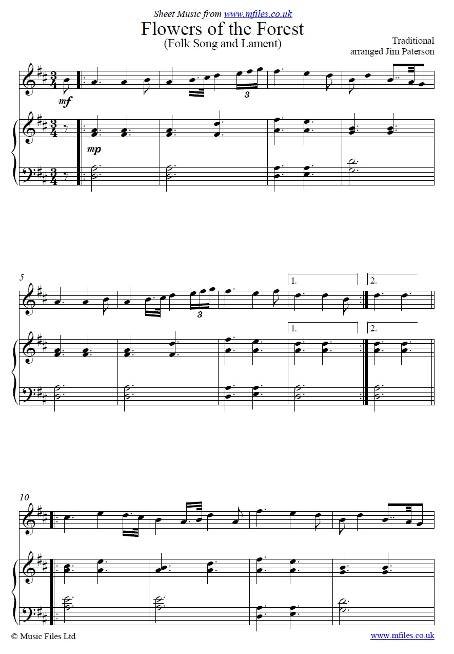 Flowers of the Forest for bagpipes or oboe and piano - click to download sheet music Flowers of the Forest for bagpipes or oboe and piano - sheet music 1st page