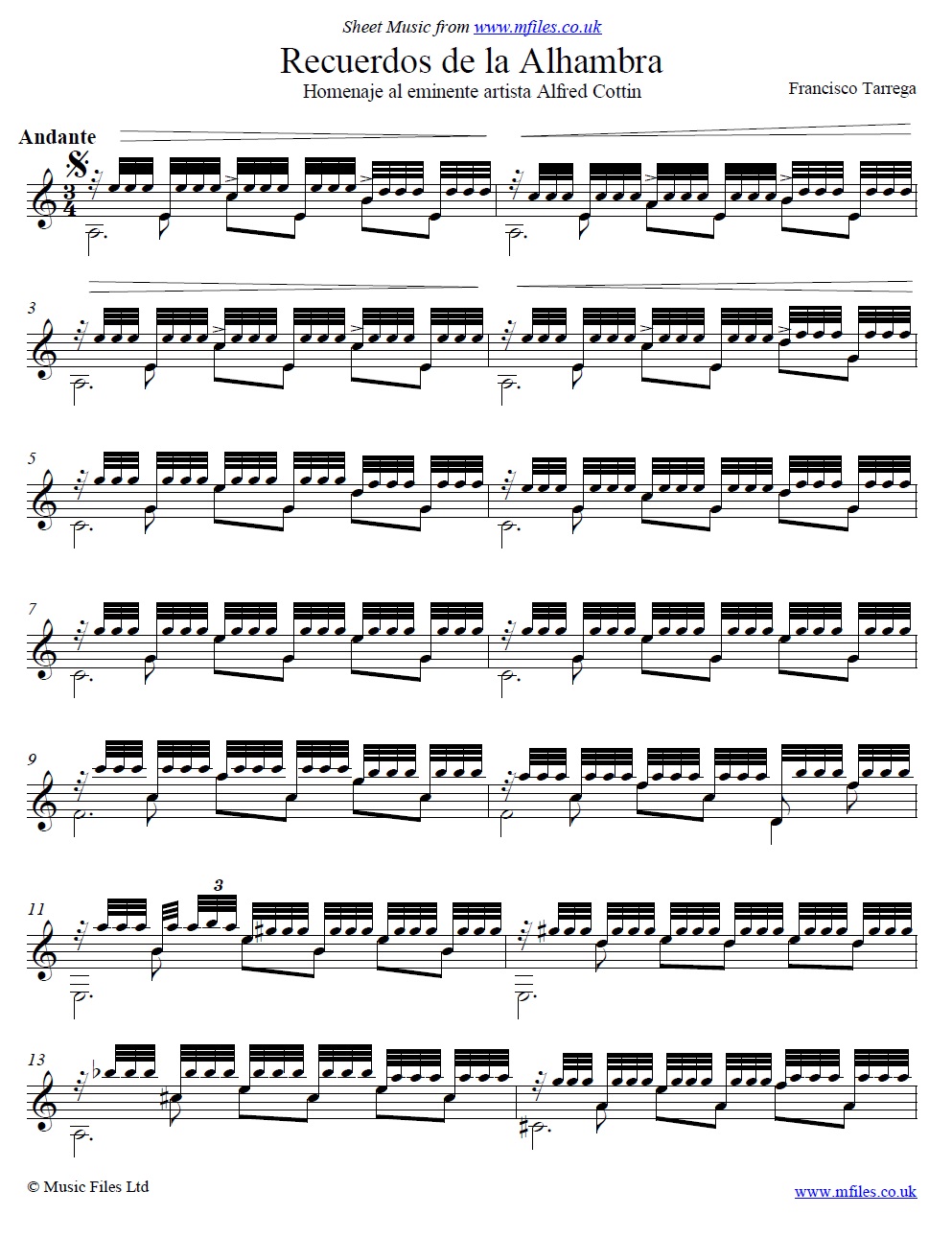 Tárrega's Recuerdos de la Alhambra for guitar - click to download sheet music Tárrega's Recuerdos de la Alhambra for guitar - sheet music 1st page