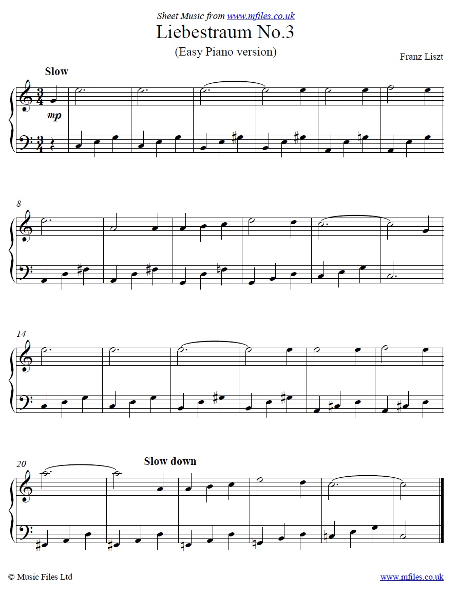 Liszt's Liebestraum No.3 for easy piano - click to download sheet music Liszt's Liebestraum No.3 for easy piano - sheet music 1st page