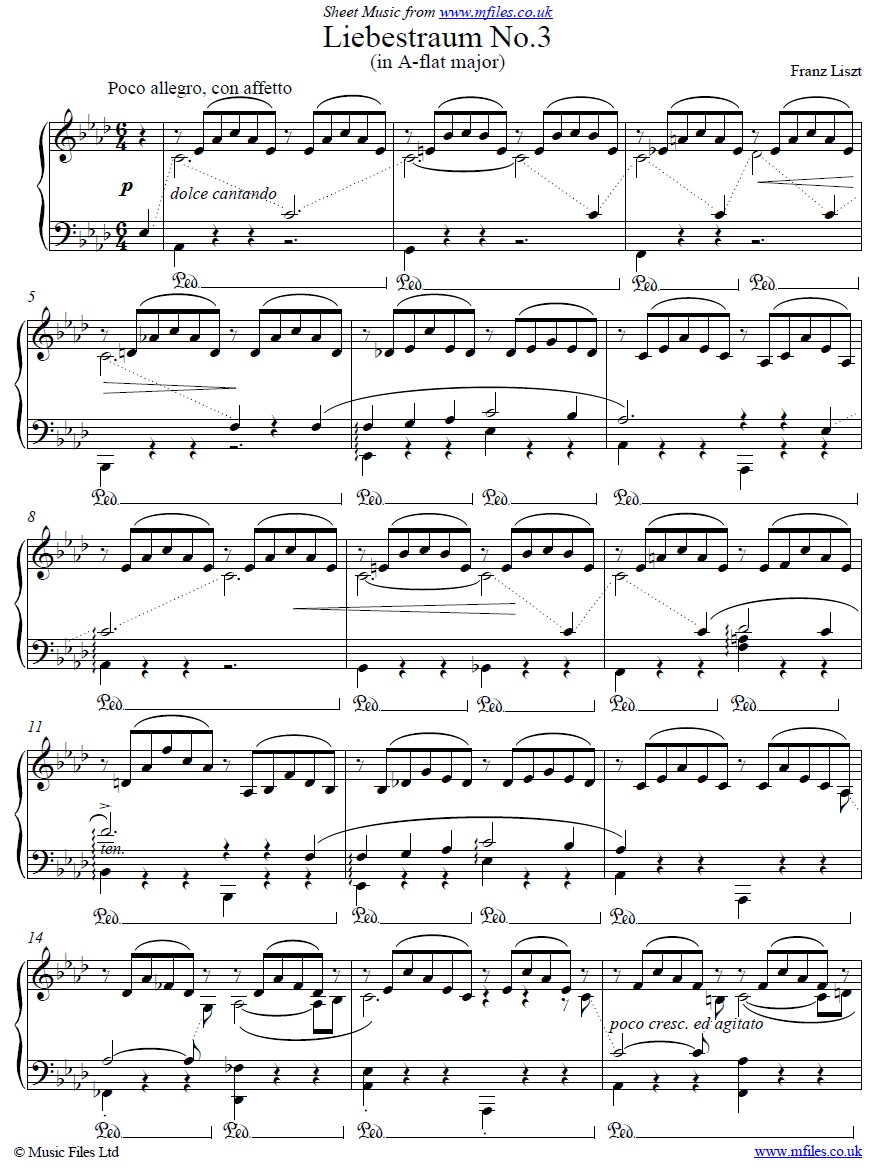 Liszt's Liebestraum No.3 for piano - click to download sheet music Liszt's Liebestraum No.3 for piano - sheet music 1st page