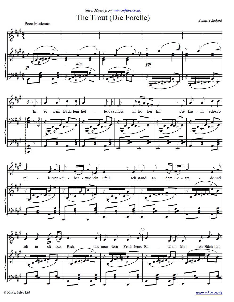 Schubert's The Trout (Die Forelle) for voice and piano - click to download sheet music Schubert's The Trout (Die Forelle) for voice and piano - sheet music 1st page