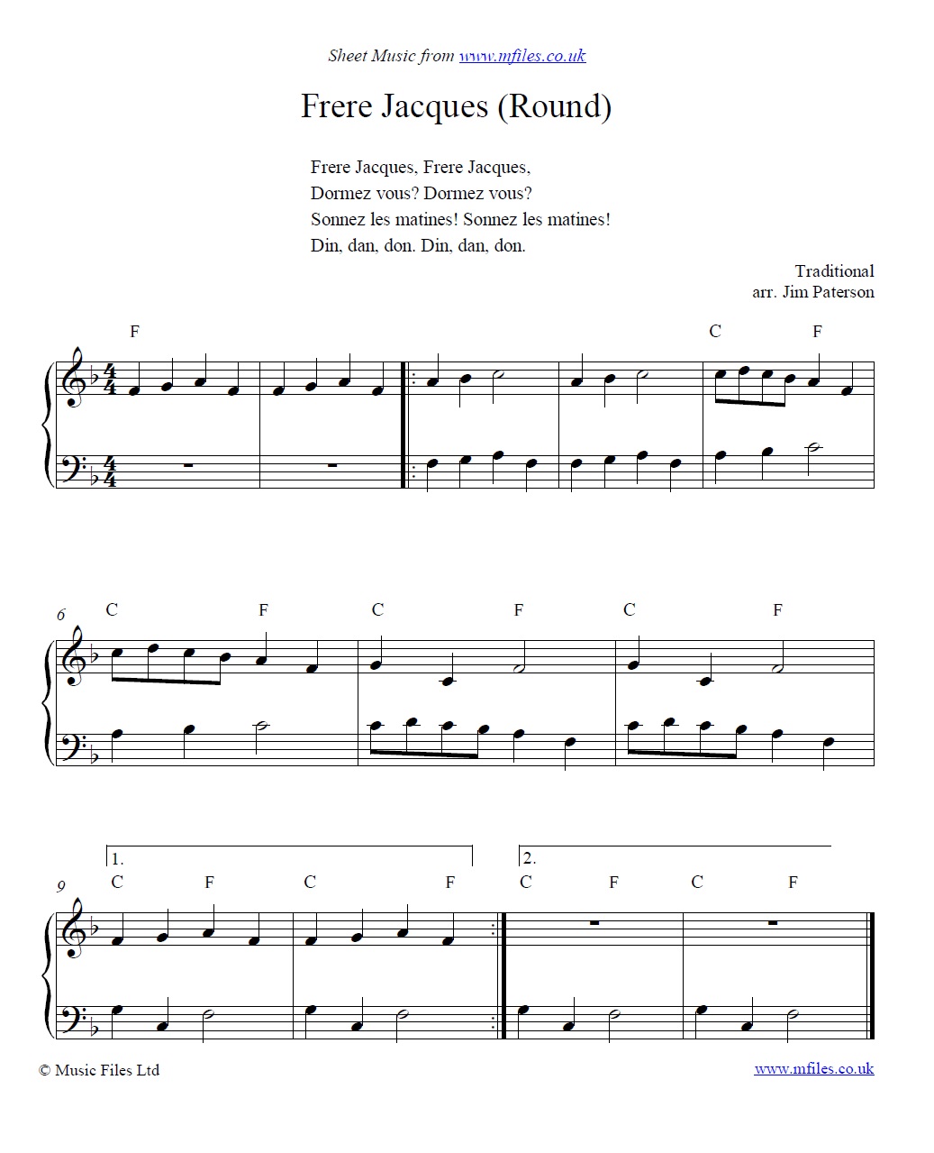 Frere Jacques in 4 parts as a round - click to download sheet music Frere Jacques in 4 parts as a round - sheet music 1st page