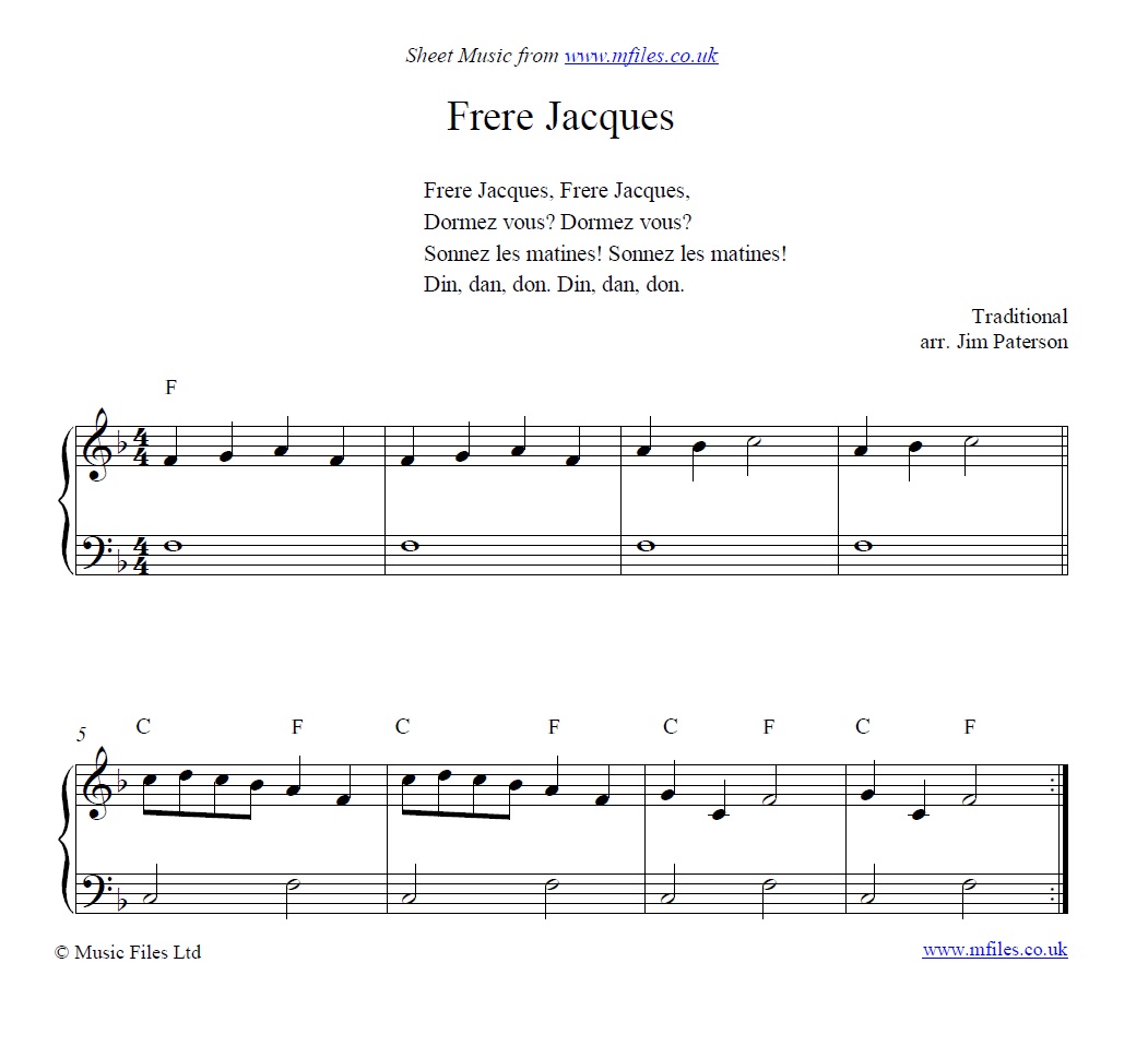 Frere Jacques for piano - click to download sheet music Frere Jacques for piano - sheet music 1st page