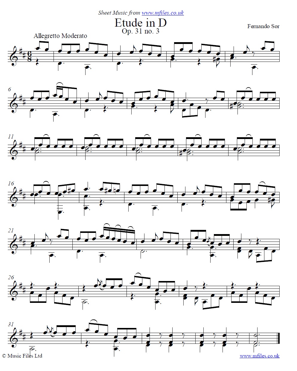 Sor's Etude Op.31 No.3 for guitar - click to download sheet music Sor's Etude Op.31 No.3 for guitar - sheet music 1st page