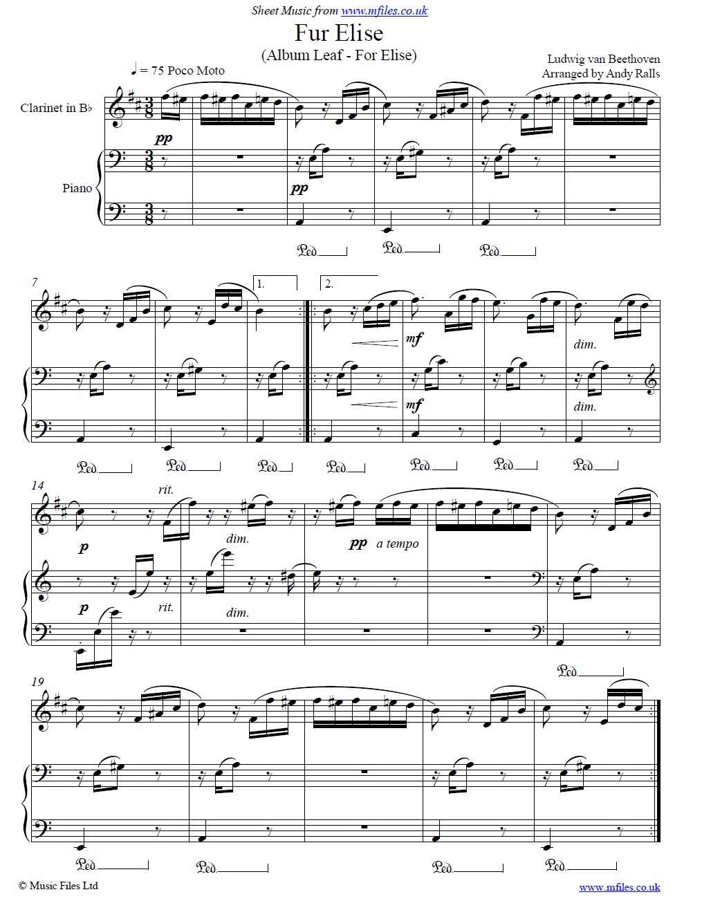 Beethoven's Fur Elise for clarinet and piano - click to download sheet music Beethoven's Fur Elise for clarinet and piano - sheet music 1st page