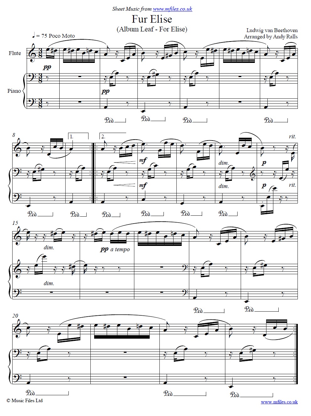 Beethoven's Fur Elise for flute and piano - click to download sheet music Beethoven's Fur Elise for flute and piano - sheet music 1st page