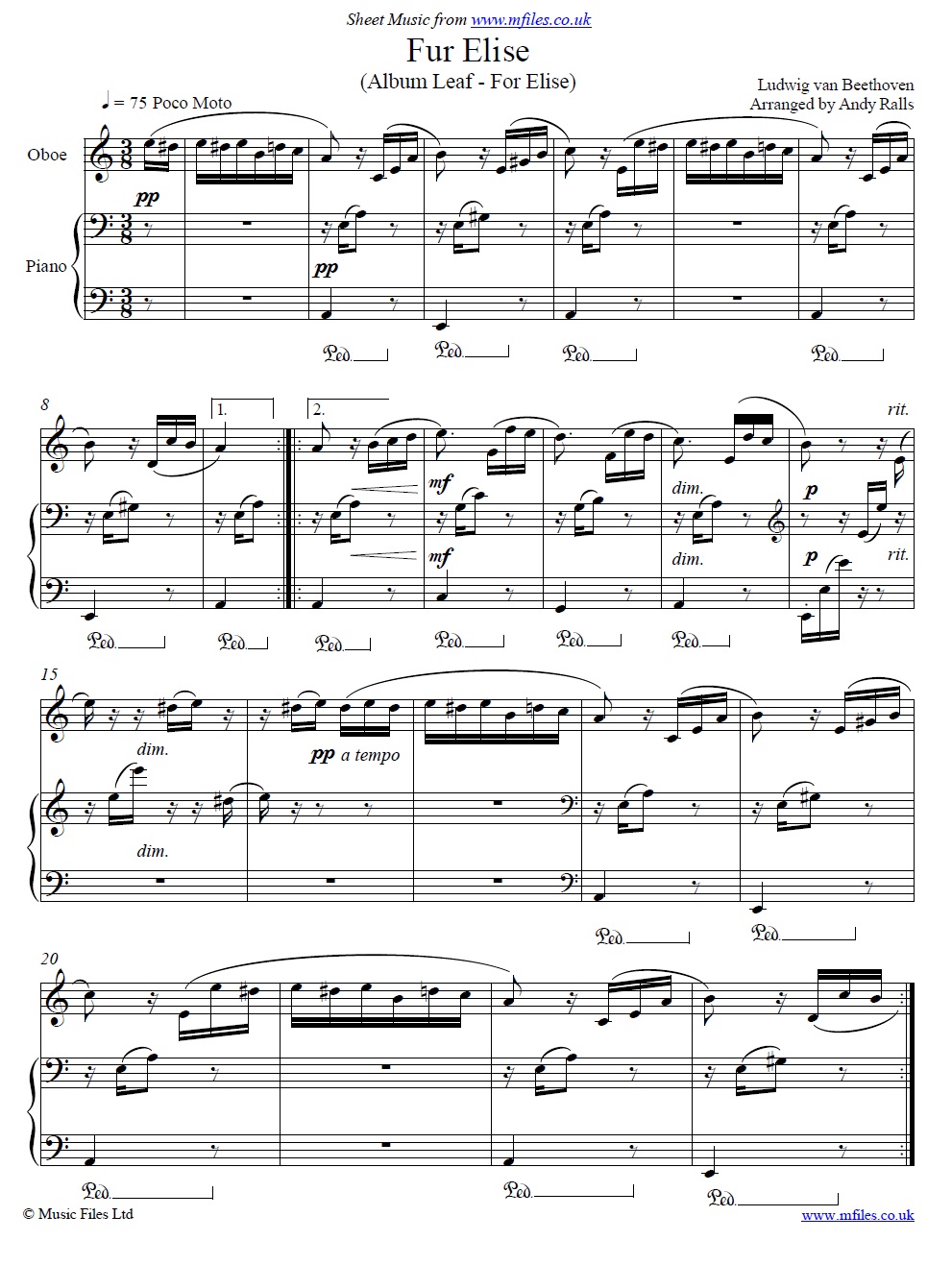 Beethoven's Fur Elise for oboe and piano - click to download sheet music Beethoven's Fur Elise for oboe and piano - sheet music 1st page