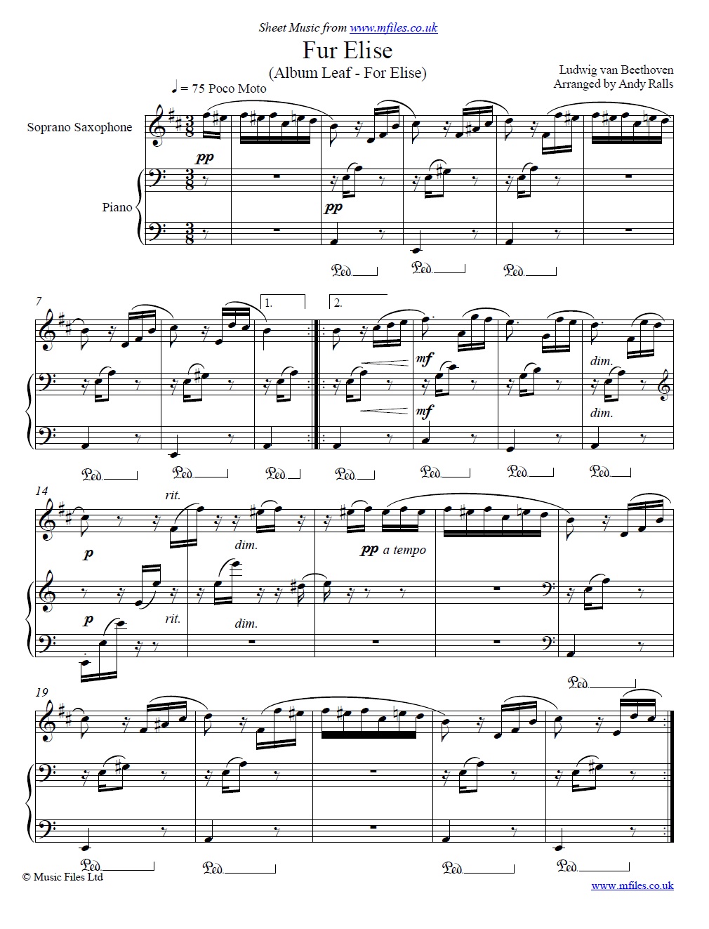 Beethoven's Fur Elise for soprano sax and piano - click to download sheet music Beethoven's Fur Elise for soprano sax and piano - sheet music 1st page
