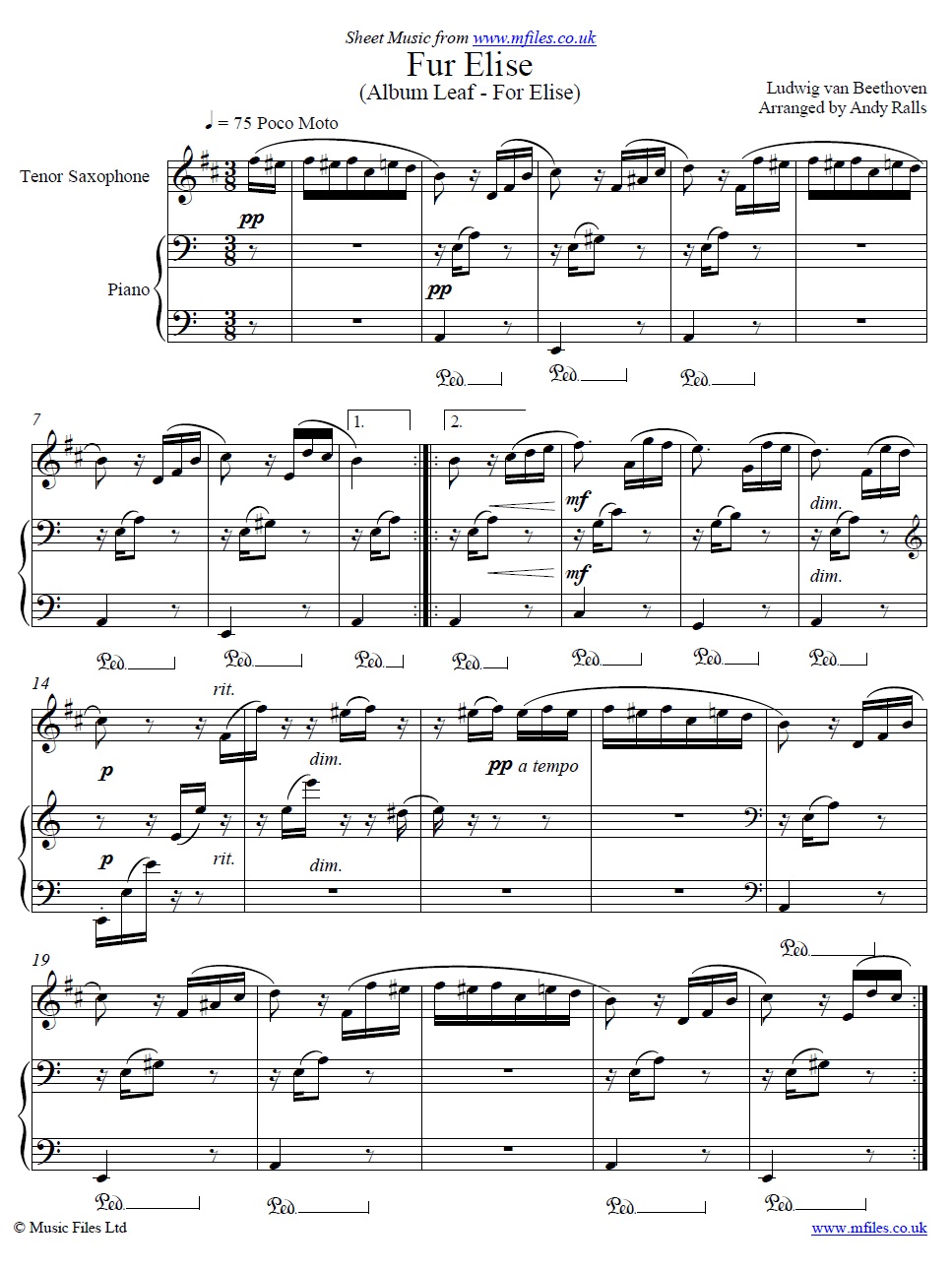 Beethoven's Fur Elise for tenor sax and piano - click to download sheet music Beethoven's Fur Elise for tenor sax and piano - sheet music 1st page