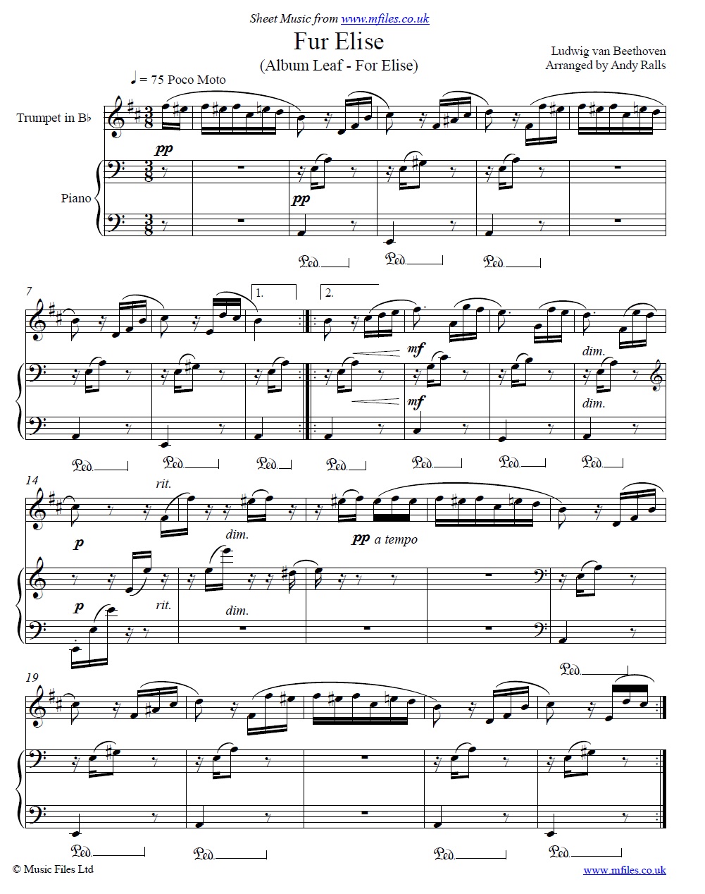 Beethoven's Fur Elise for trumpet and piano - click to download sheet music Beethoven's Fur Elise for trumpet and piano - sheet music 1st page