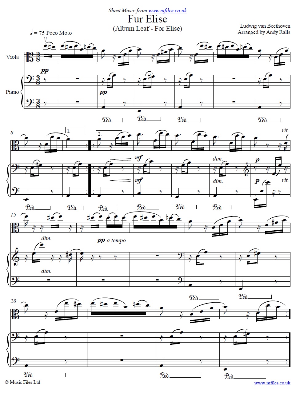 Beethoven's Fur Elise for viola and piano - click to download sheet music Beethoven's Fur Elise for viola and piano - sheet music 1st page