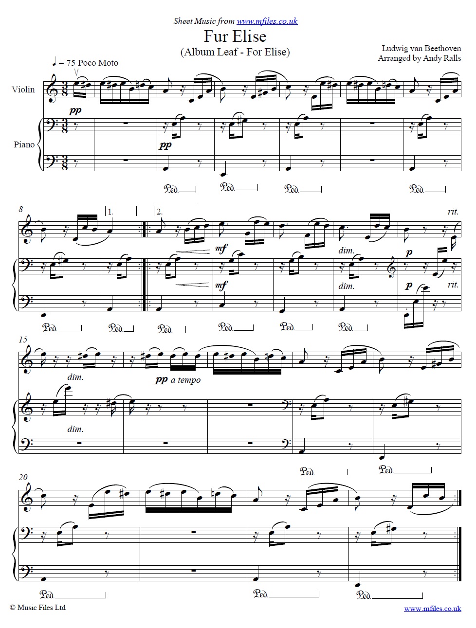 Beethoven's Fur Elise for violin and piano - click to download sheet music Beethoven's Fur Elise for violin and piano - sheet music 1st page