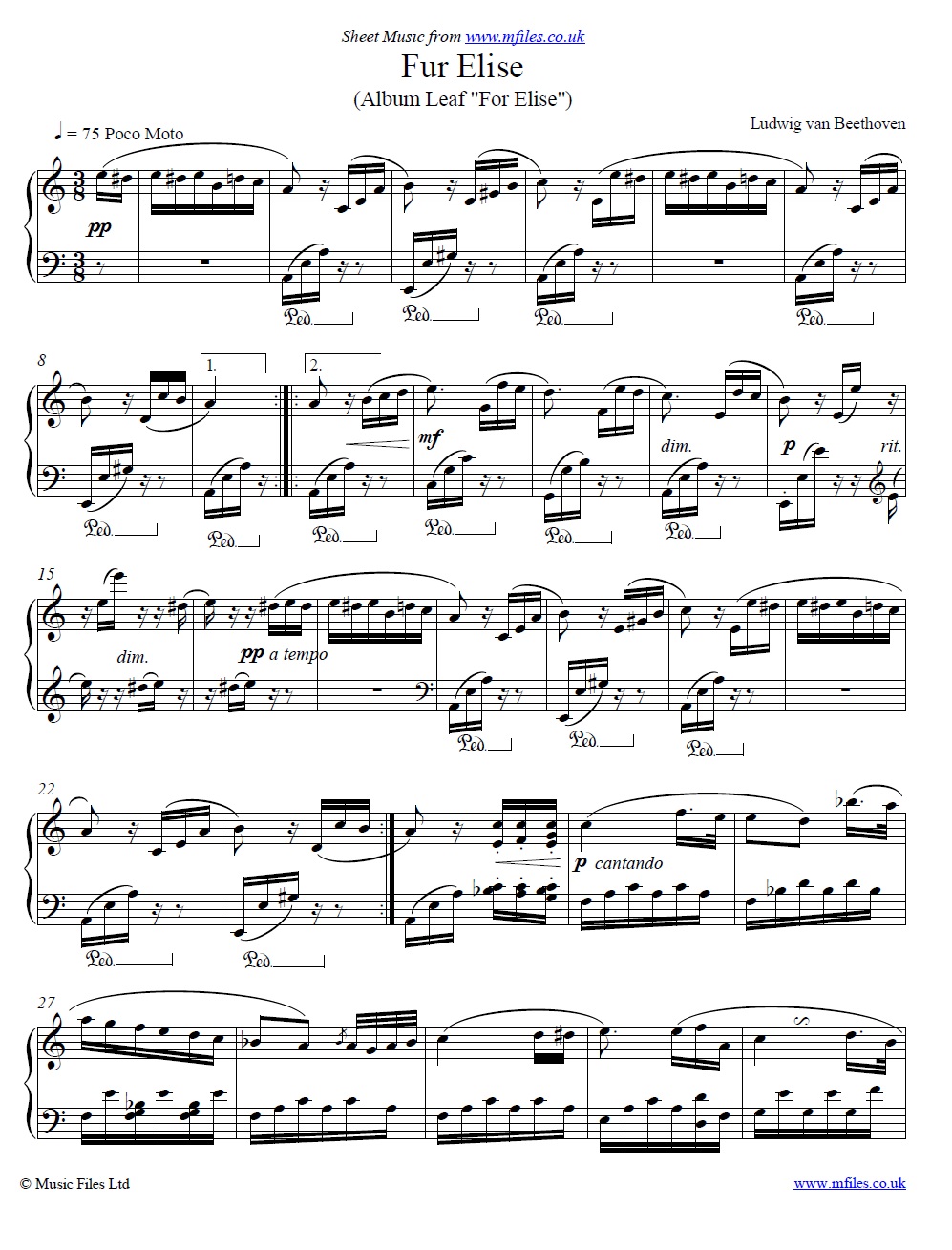 Beethoven's Fur Elise for piano - click to download sheet music Beethoven's Fur Elise for piano - sheet music 1st page
