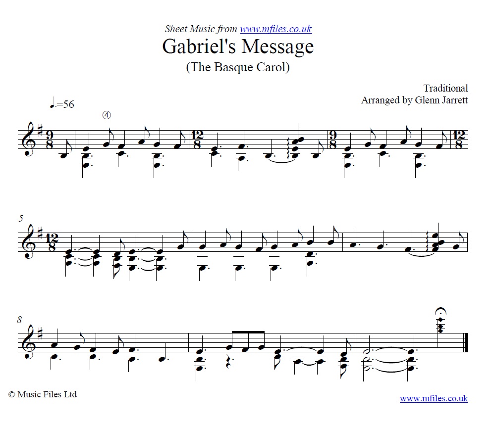 Gabriel's Message (The Basque Carol) arranged by Glenn Jarrett for Guitar - click to download sheet music Gabriel's Message (The Basque Carol) arranged by Glenn Jarrett for Guitar - sheet music 1st page