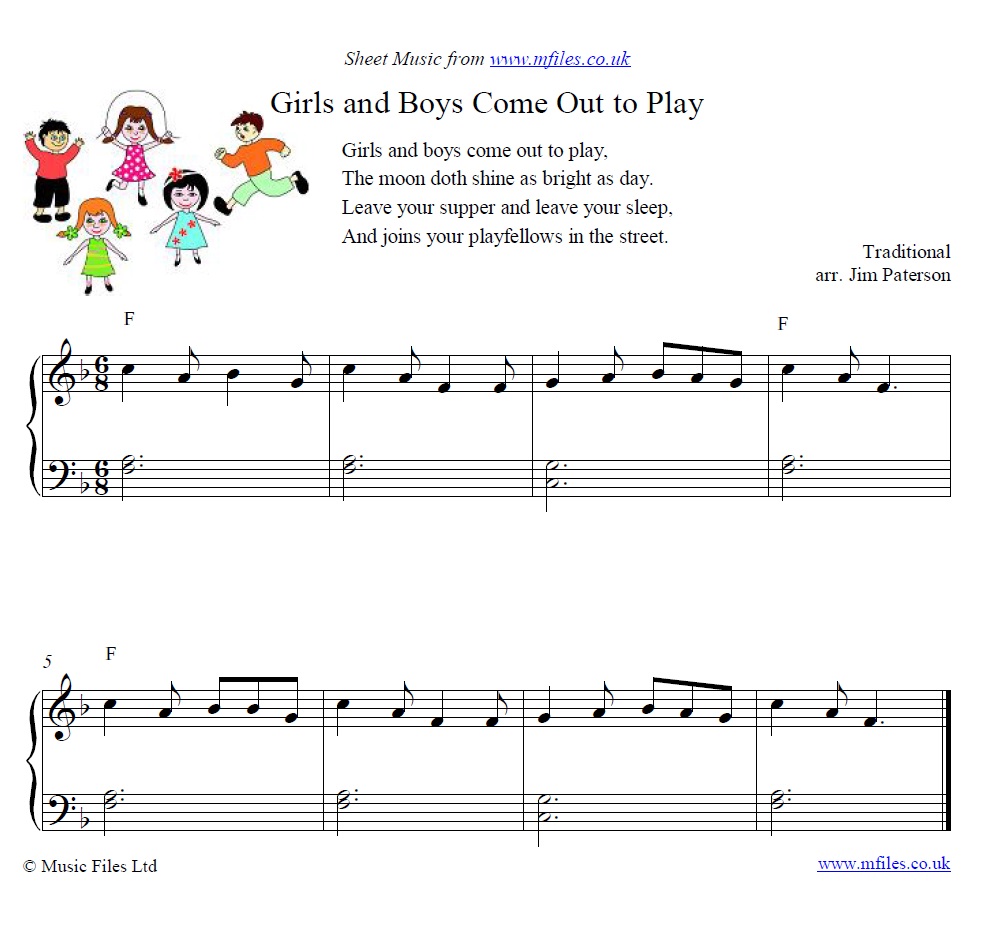 Girls and Boys come out to Play for piano - click to download sheet music Girls and Boys come out to Play for piano - sheet music 1st page