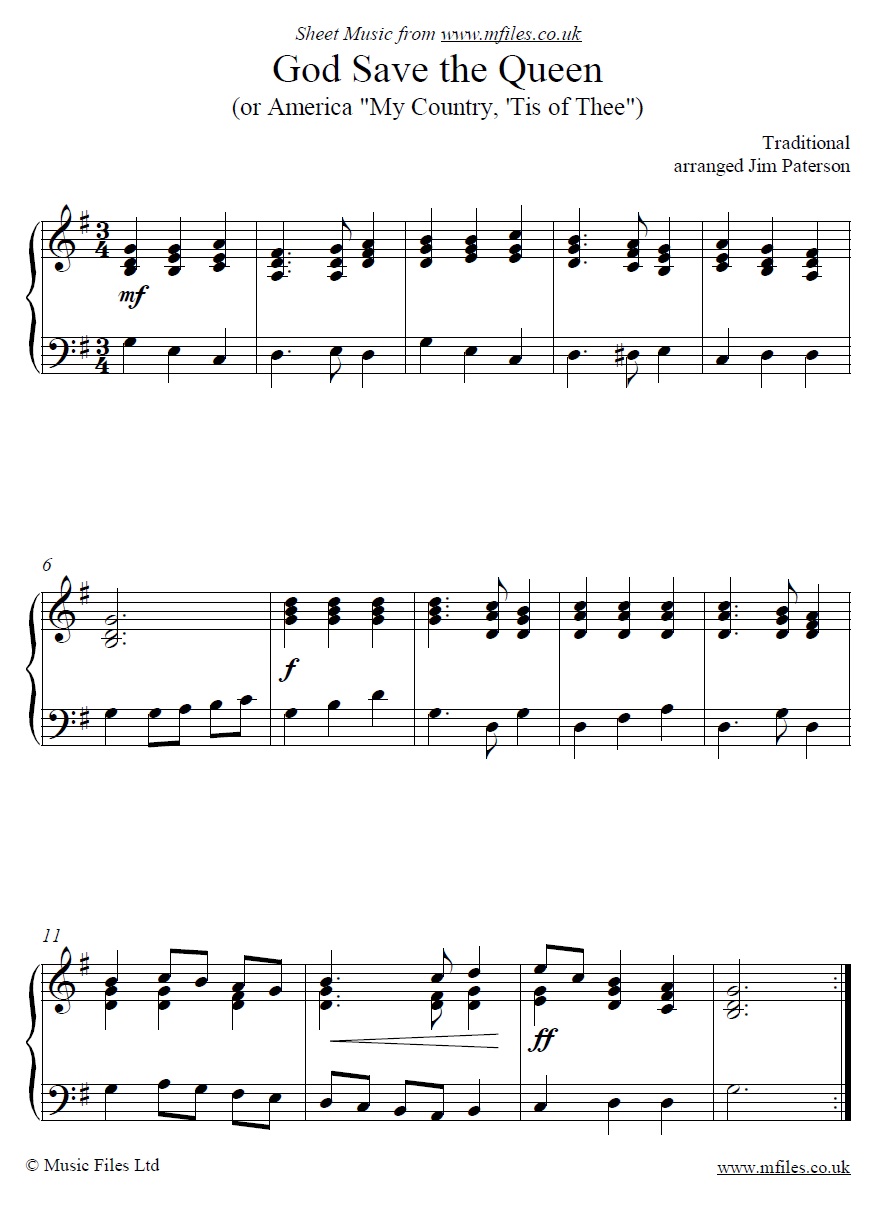 God Save the Queen (or King) for piano - click to download sheet music God Save the Queen (or King) for piano - sheet music 1st page