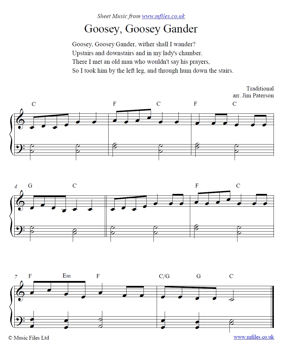 Goosey Goosey Gander for piano - click to download sheet music Goosey Goosey Gander for piano - sheet music 1st page